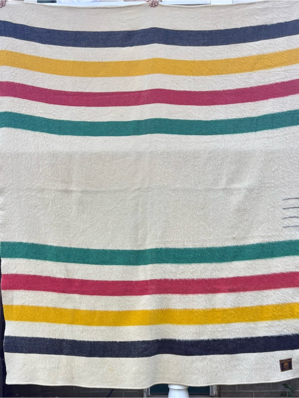 Source Unknown Cream Throw Blanket with Navy, Yellow, Pink, and Teal Stripes